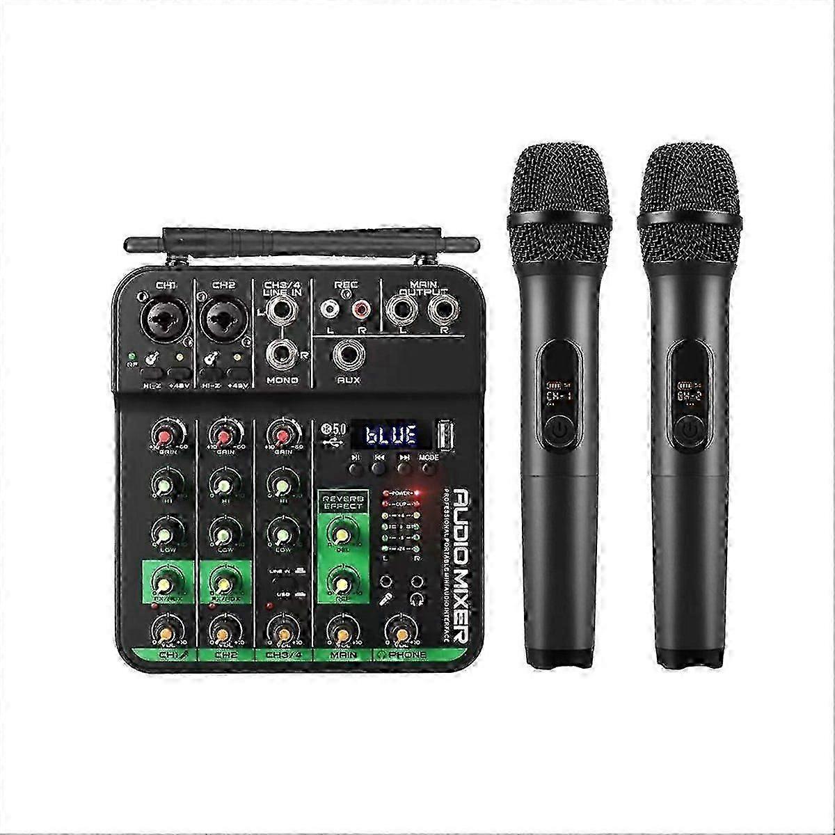 Audio Mixer with 2 Wireless Microphone 4 Channel UHF USB Delay Repaeat Effect Sound Mixing Console
