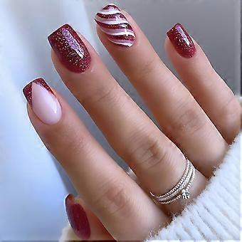Christmas Press on Nails Red Square Short Acrylic Fake Nails Glossy Glitter Full Cover 24Pcs