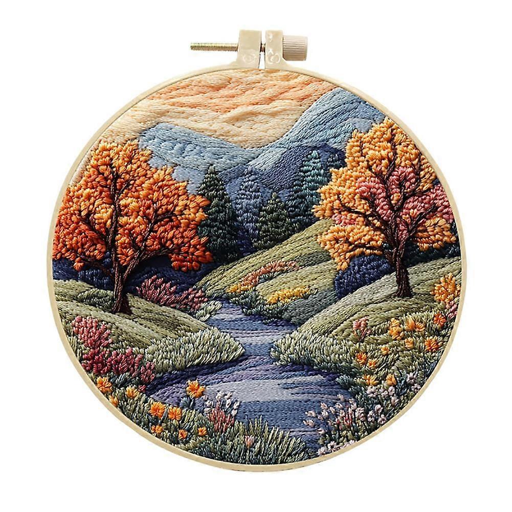 Embroidery Starter Kit for Beginners with Hoop Threads DIY Mountain Landscape Cross Stitch Set