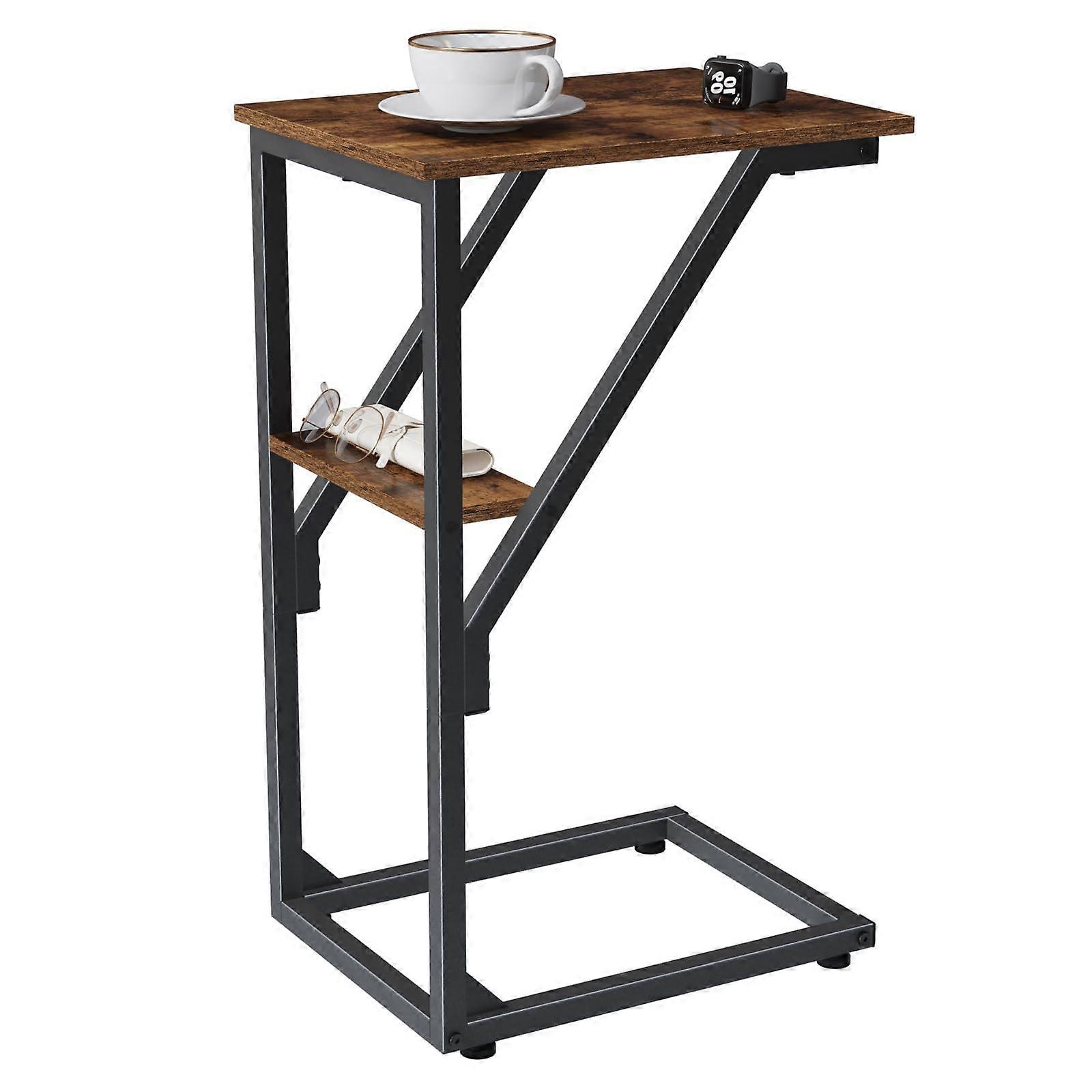 C Shaped Side Table Rustic Brown with Stable Steel Frame for Small Spaces and Adjustable Feet
