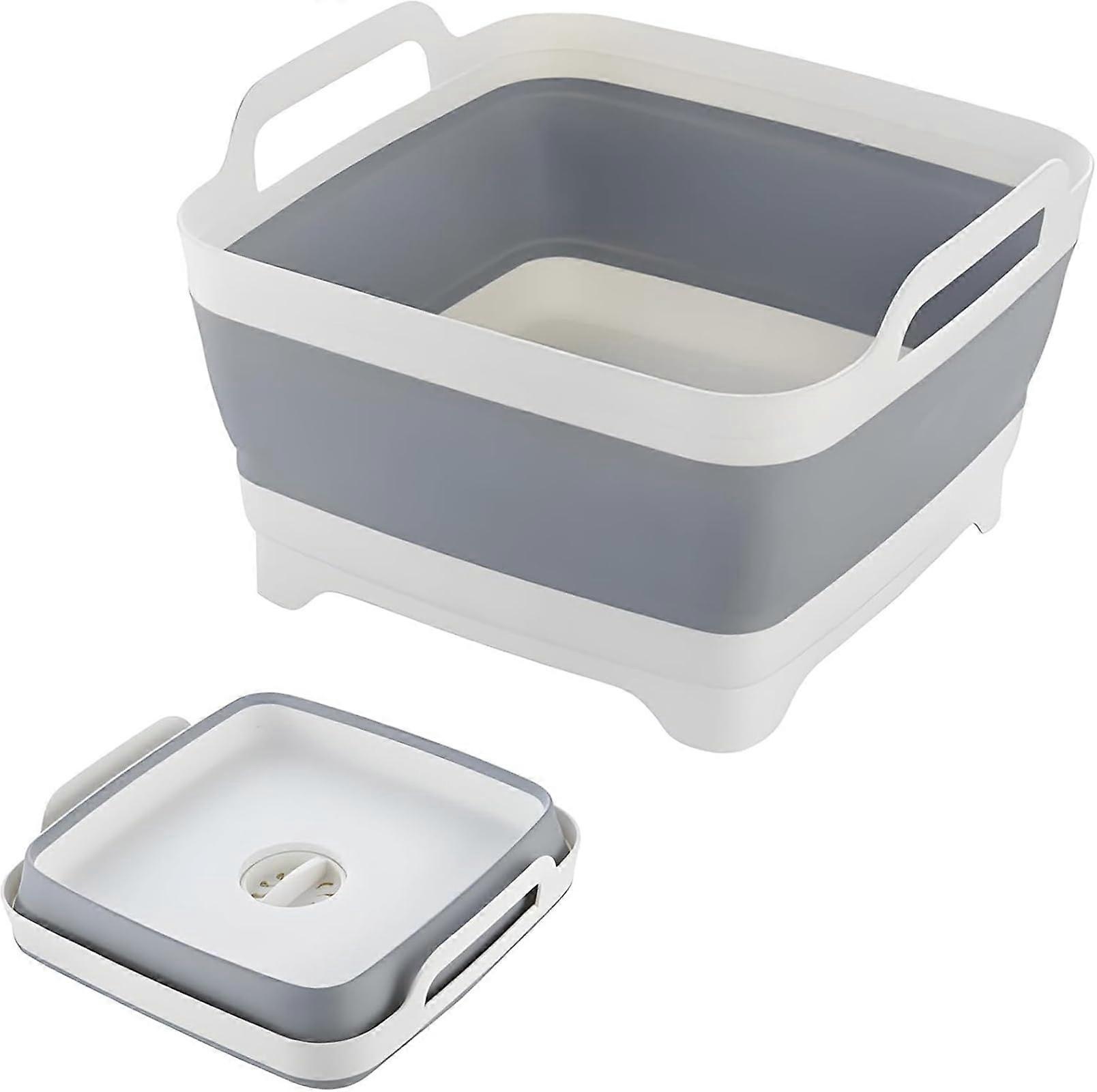 Collapsible Dish Basin with Drain Plug 2.4 Gal Foldable Dishpan for Kitchen Camping RV Gray
