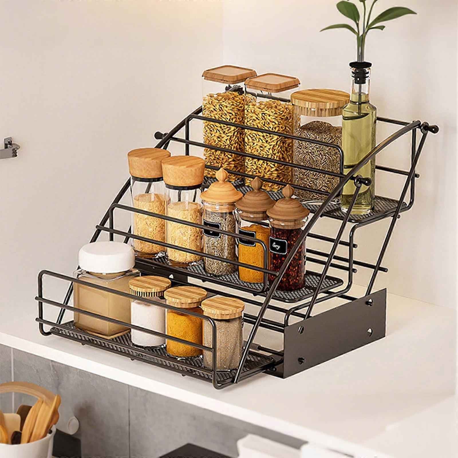 3Tier Pull Down Spice Rack for Upper Kitchen Cabinet, Durable Carbon Steel Organizer Shelf, Black