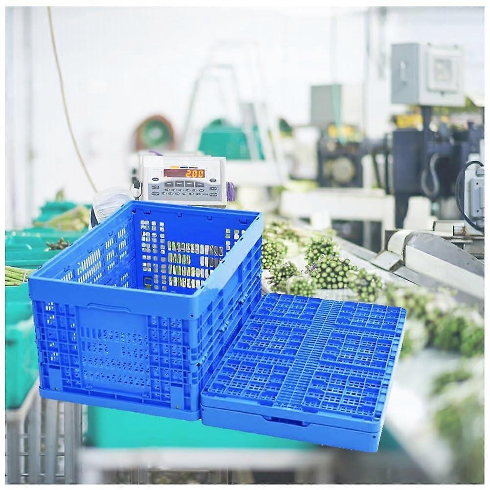 Collapsible Plastic Storage Crate 60x40x31cm Blue, Folding Stackable Bin with Integrated Handles