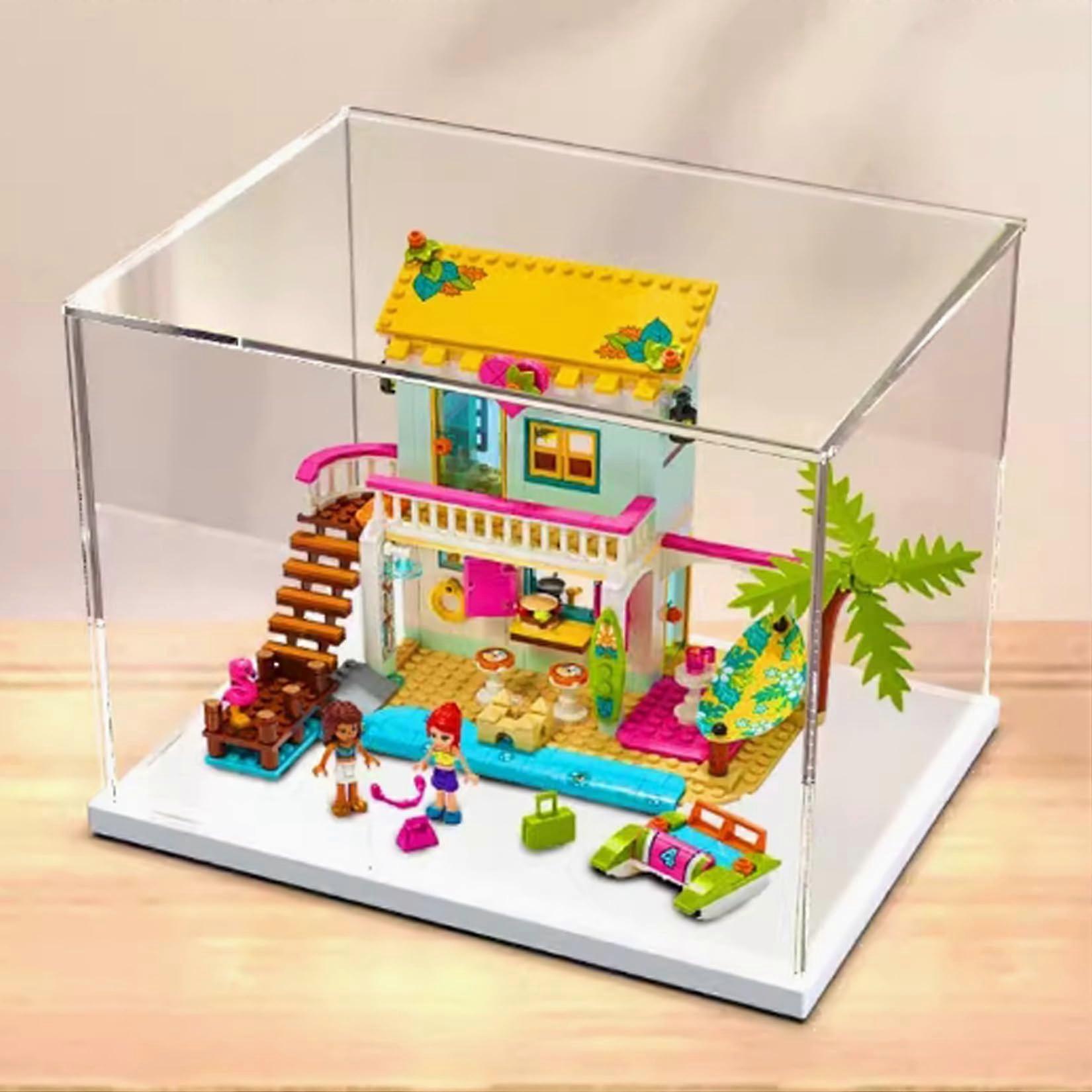 Acrylic Display Case for  41428 Beach Vacation House, Transparent Dustproof Box with White Base