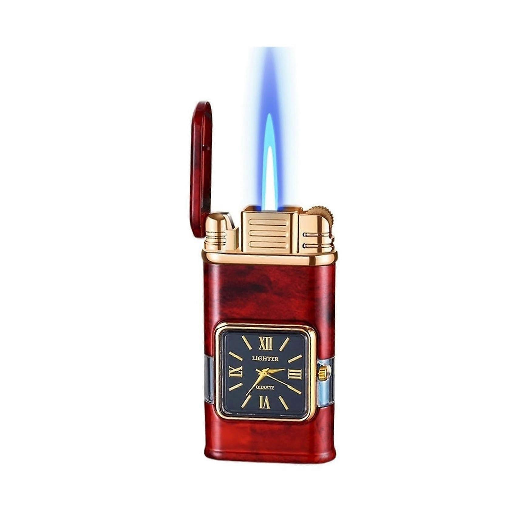 Butane Lighter with Adjustable Flame Control, Windproof Design, Transparent Fuel Window, Red