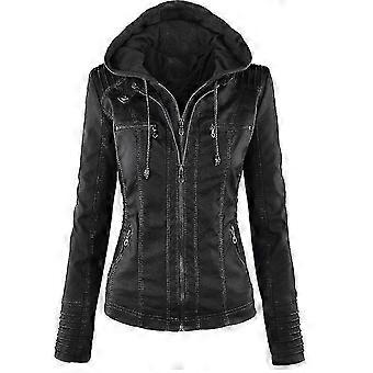 Women's Hooded PU Leather Biker Jacket - Motorcycle Coat Outerwear