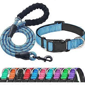 Reflective Dog Collar Padded with Soft Neoprene Breathable Adjustable Nylon Dog Collars (Large (Pack of 1), Vivid Blue Collar+Leash)