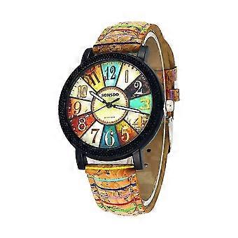 Horloges voor vrouwen Vintage kwartshorloges voor vrouwen met veelkleurig patroon lederen horlogeband Casual armband horloge prachtig cadeau