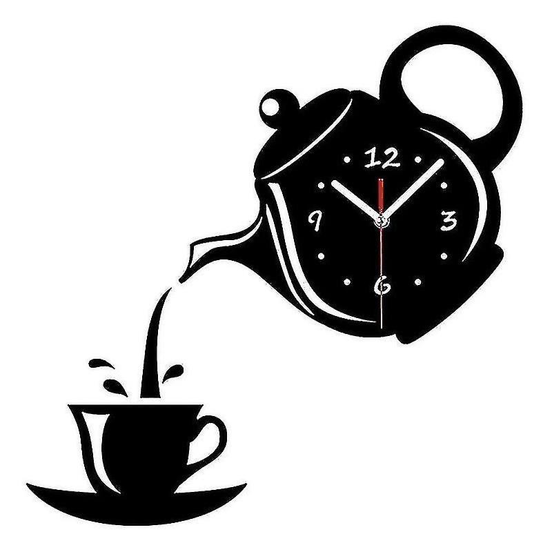 Creative Teapot Kettle Wall Clock, 3d Acrylic Coffee Tea Cup Wall Clock, 22cm Black Xz001