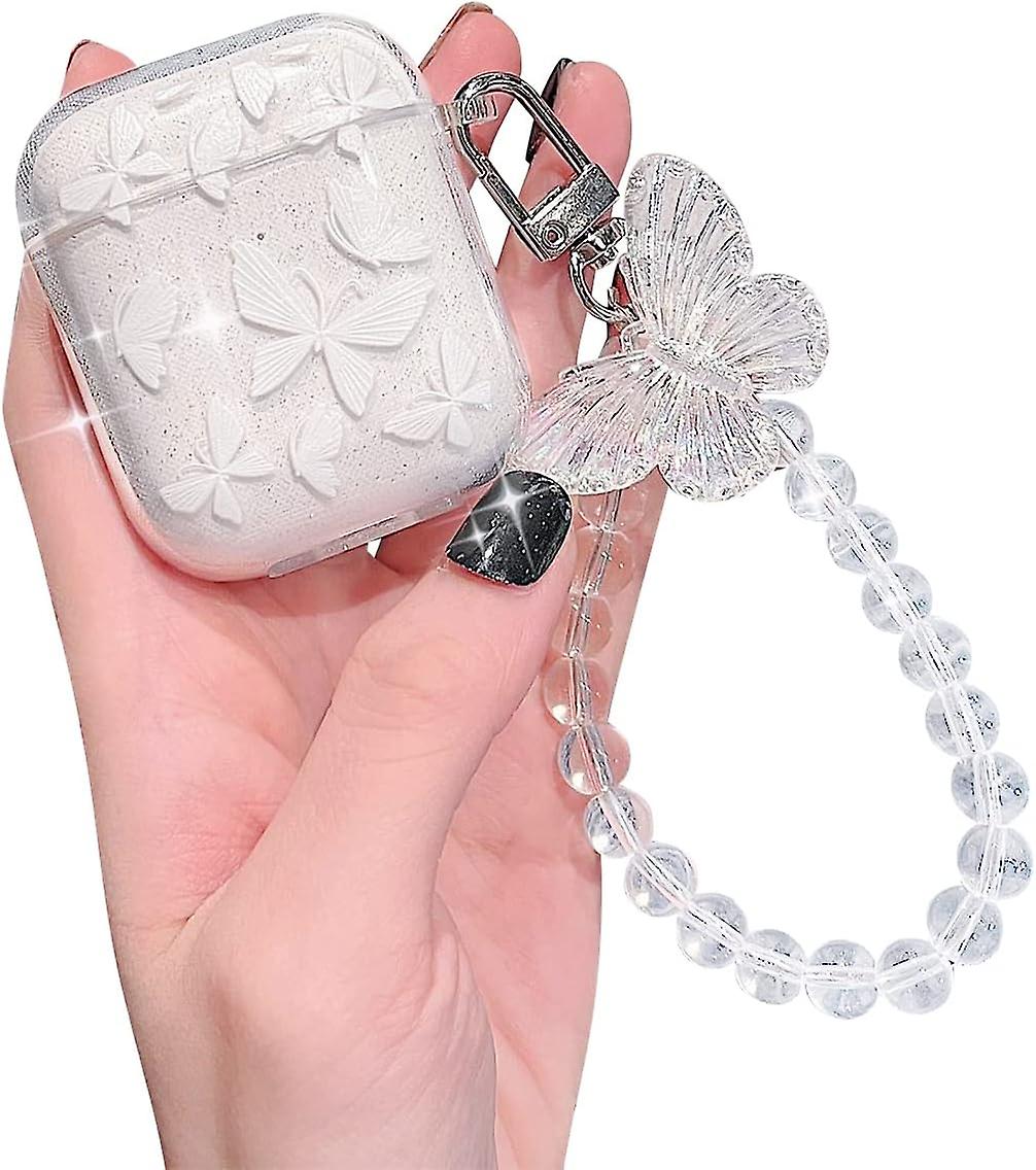 Compatible AirPods protective case, Cute butterfly pattern transparent soft TPU Shockproof case Flash strap Keychain Suitable for ladies Girls Suitabl