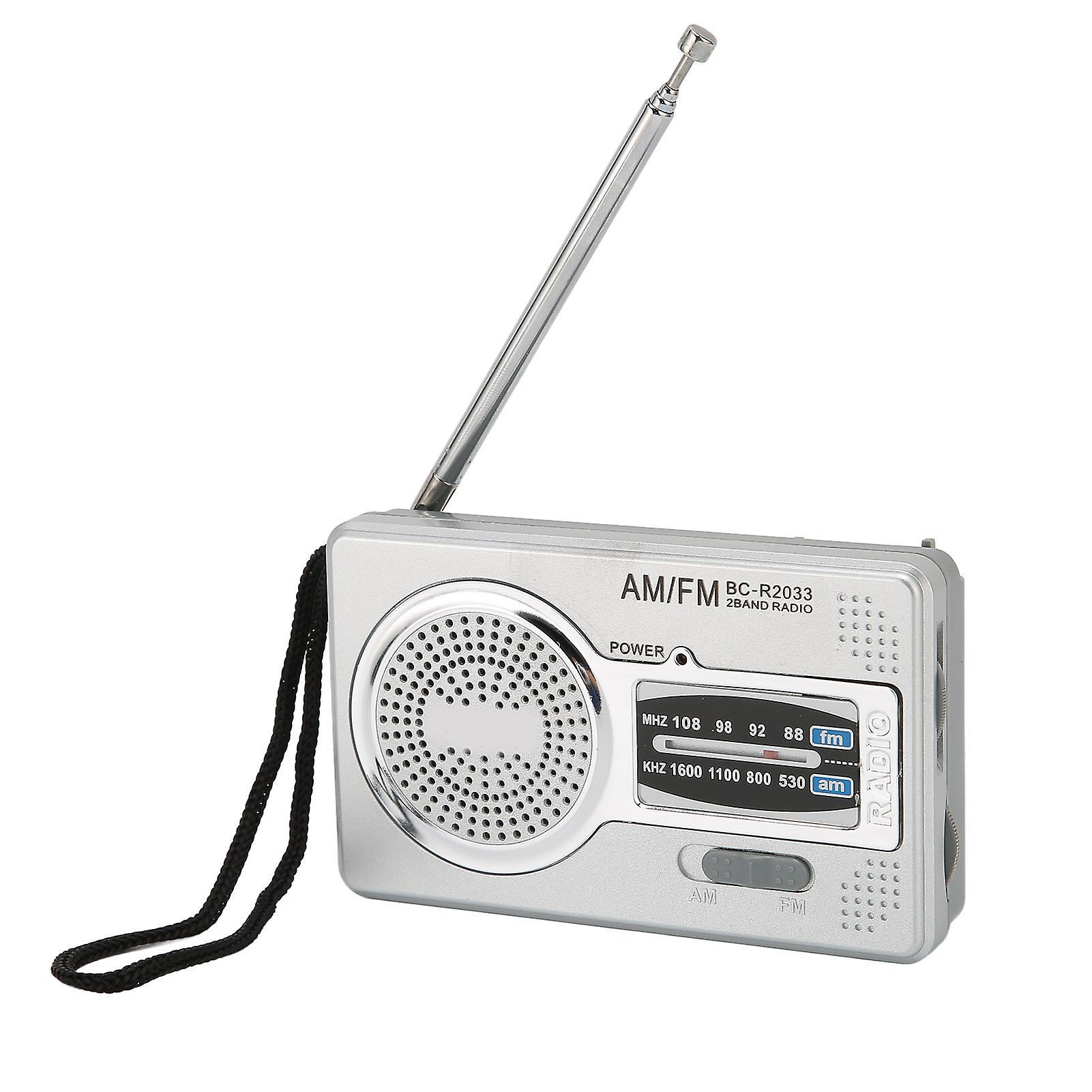 Portable AM FM Transistor Radio with DSP Chip, Mini Pocket Size, Loudspeaker and Headphone Jack, Silver Gray Compact Design