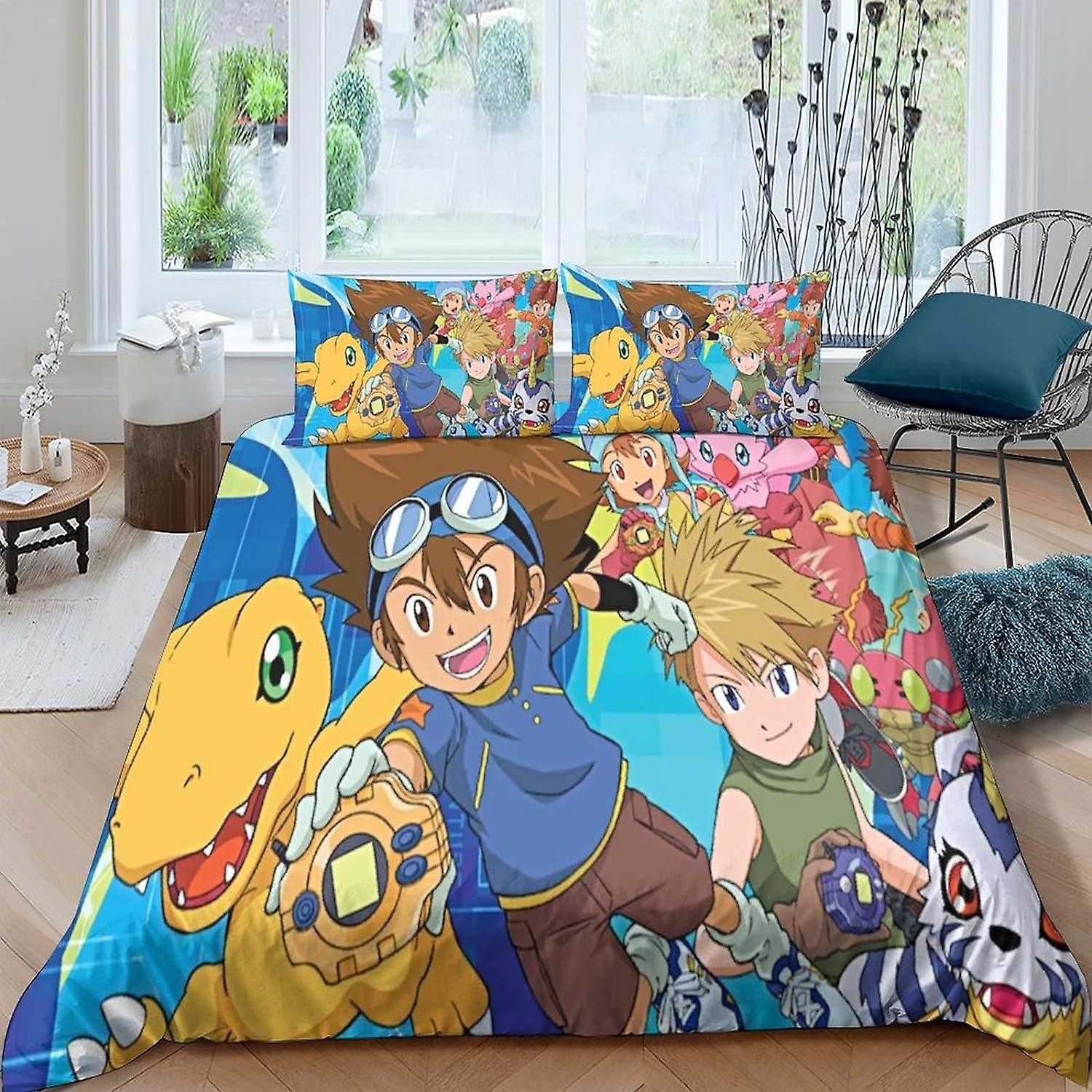 EKENOZ Drukowany w 3D zestaw pościeli Digimon dla dzieci nastolatków Anime Game Poszwa na kołdrę Zestaw poszwa na kołdrę 3 szt z poszewką na poduszkę Poszewka na kołdrę z mikrofibry z