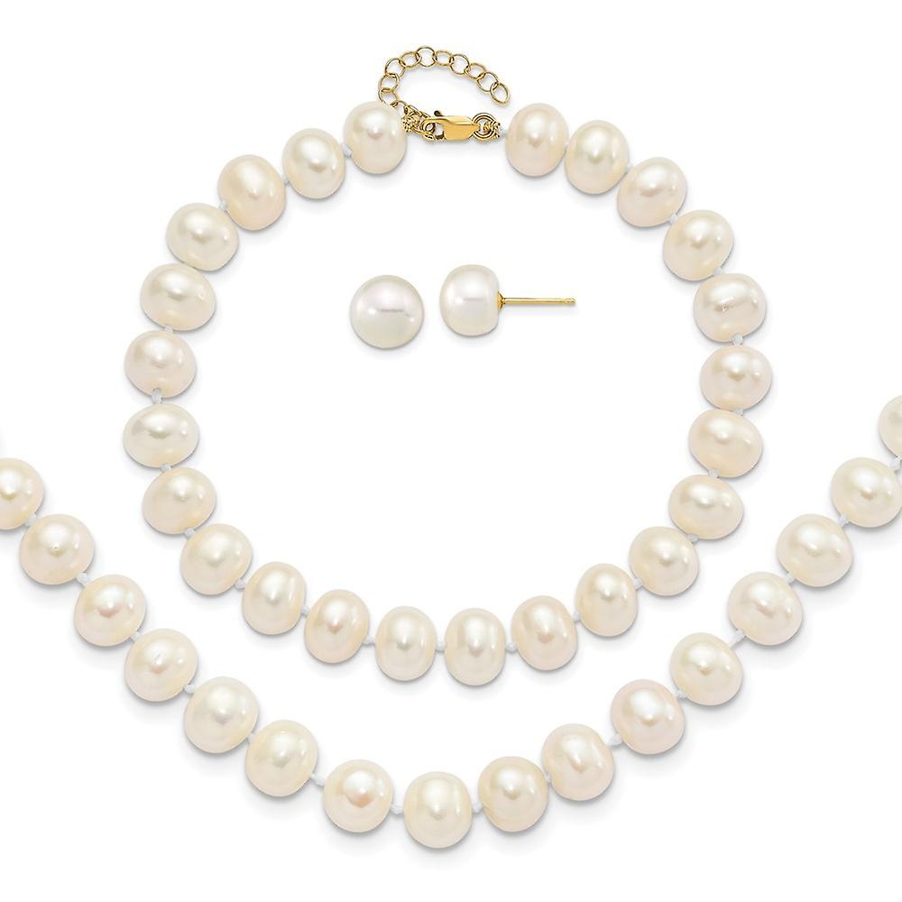 14k Gold 8 9mm Near Rnd Fwc Pearl Earrings With 1inch Ext Bracelet W/2in Necklace Set Jewelry-Set for Women