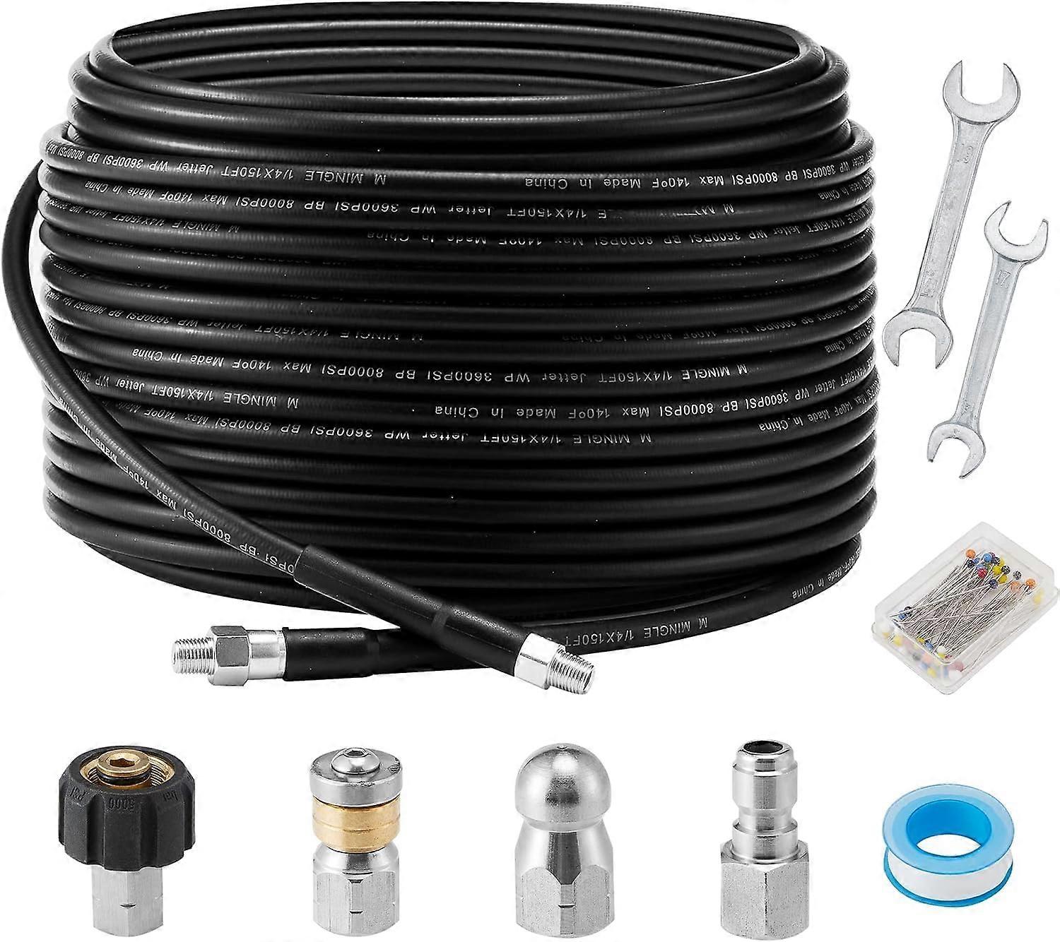 30m Sewer Jetter Kit for Pressure Washer, 1/4 inch NPT, Drain Cleaning Hose, Button Nose and Rotating Sewer Jetter Nozzle, Orifice 4.0, 4.5, 4000 PSI