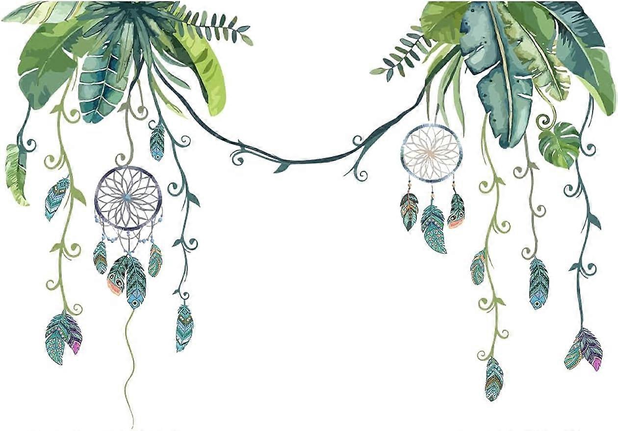Plants Feather Wall Decals Dream Catcher Wall Stickers with Green Leaf Vine Wall Decor Peacock Pattern