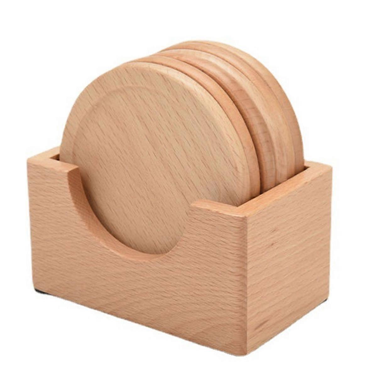 6Pcs Beech Wood Coasters Placemats Decor Round Heat Resistant Drink Mat Home Kitchen Table Tea Coff
