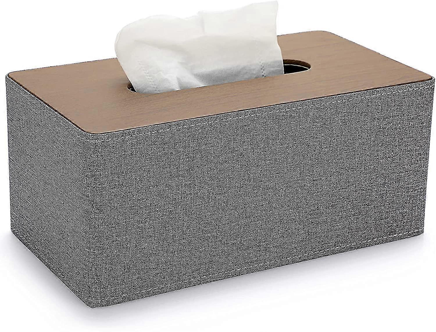 Pu Leather Tissue Box Household Rectangular Tissue Holder Multifunctional Napkin Storage Box Wood Grain Gray
