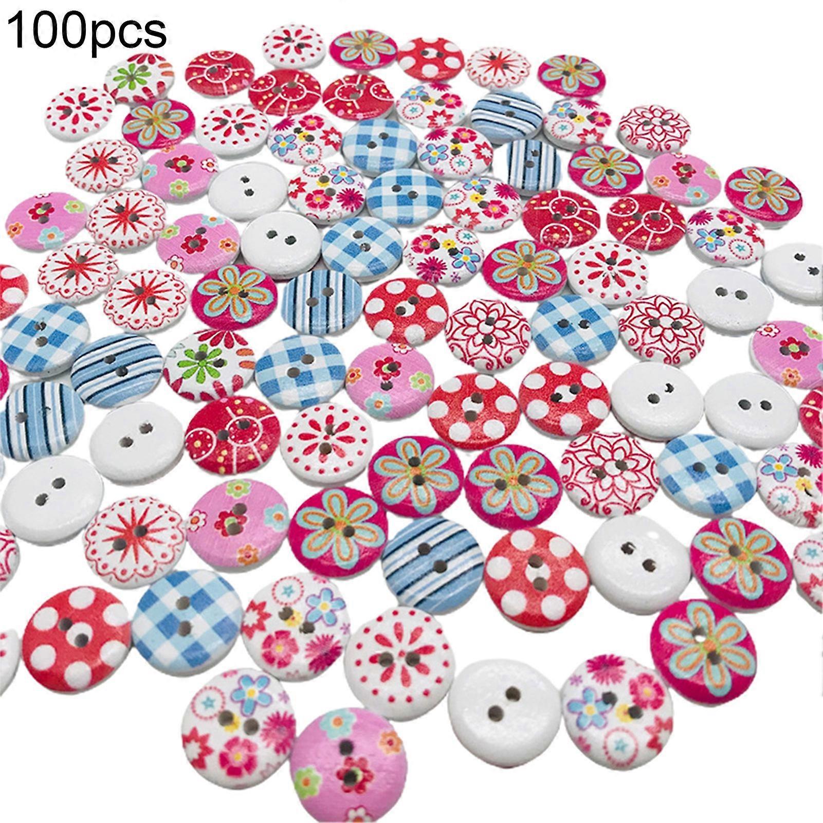 100Pcs Round Mixed Color Plaid Striped Wooden Bread Buttons DIY Accessories