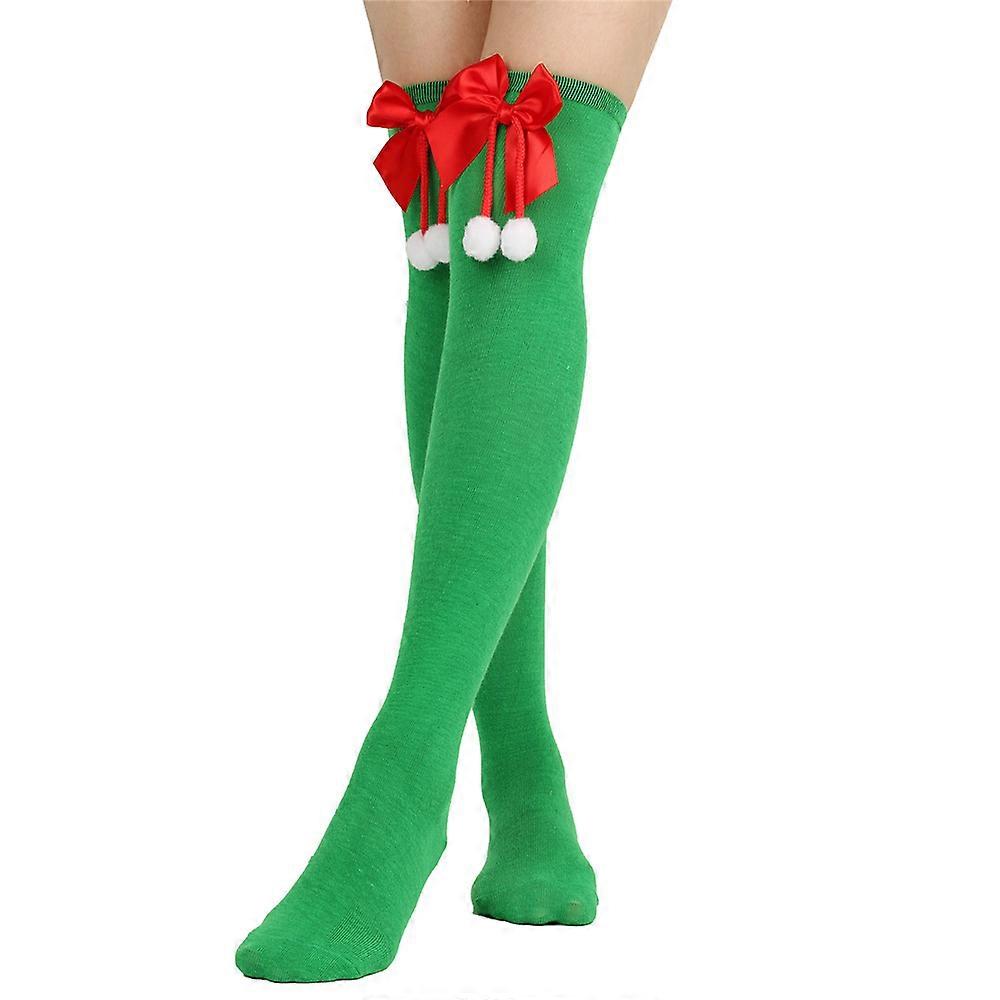 Christmas Solid/Striped Long Stockings Xmas Bow-Knot Thigh High Socks