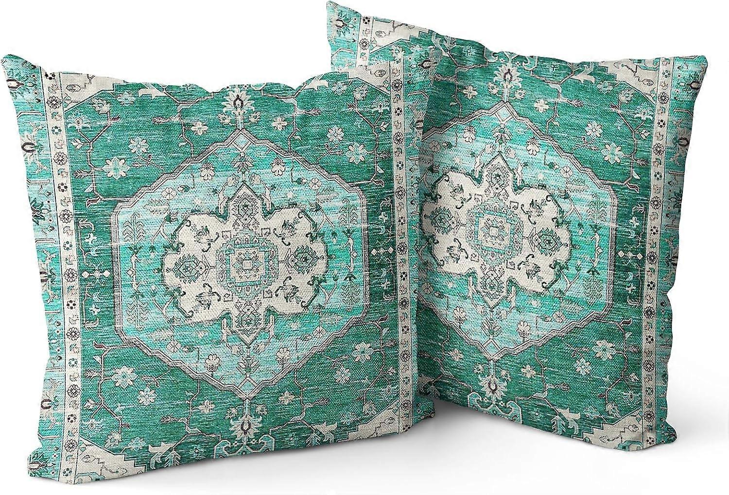 Boho Pillow Covers 16"x16" Set of 2 Monaco Teal Bohemian Carpet Double Sided Pattern Linen Pillowcases Cushion Cover for Farmhouse Couch Sofa Bed Deco
