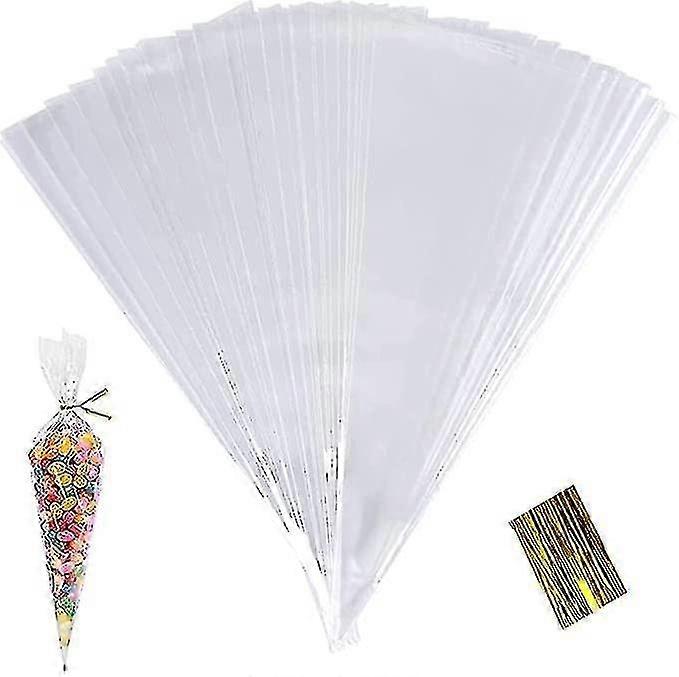 100 قطعة أكياس مخروطية واضحة ، أكياس علاج السيلوفان للحلويات ، أكياس مثلث حلوى بلاستيكية 25x13 سم مع روابط ملتوية للطعام