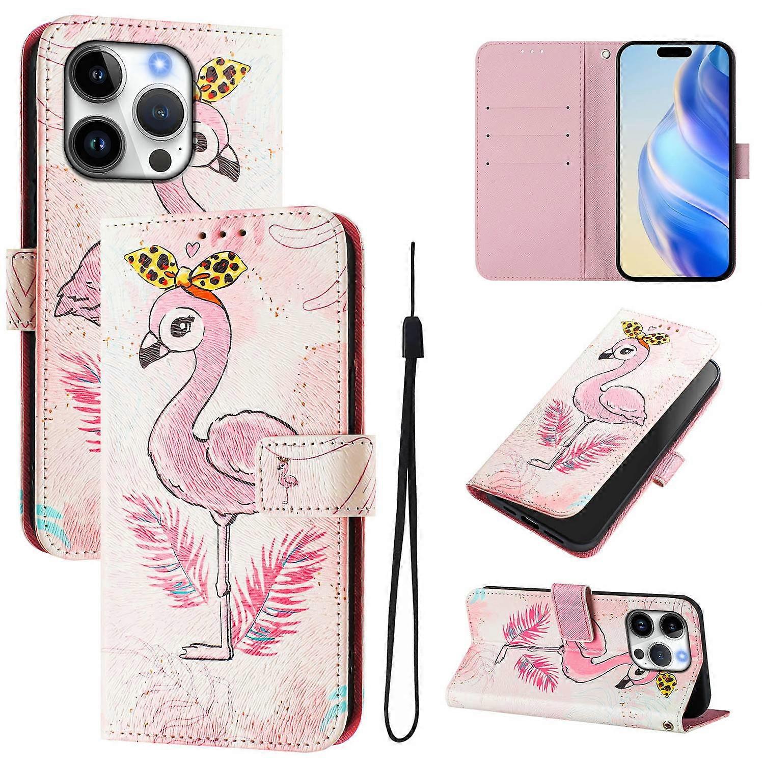 For iPhone 16 Pro Case Pattern Printing Wallet Phone Cover with Strap - Bird