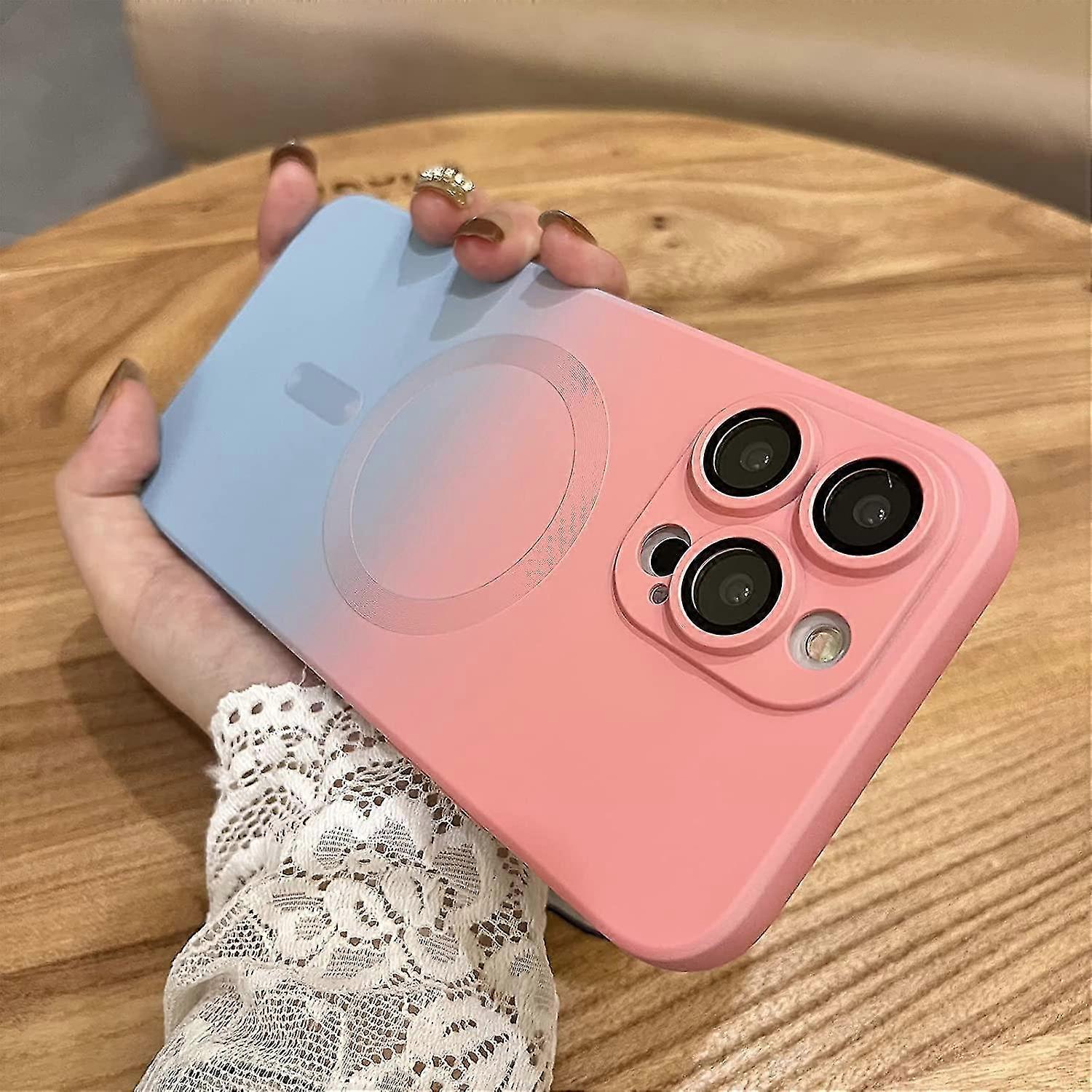 Gradient Color Magnetic Magsafe Case Compatible With Iphone 14 Pro Max, Matte Case With Camera Lens Protector Pink Gray
