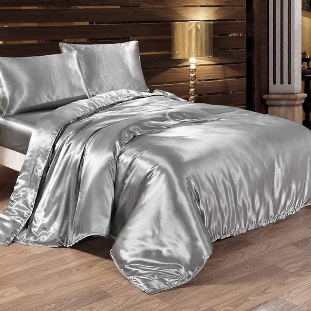 Set letto 4 pezzi: copripiumino in morbido raso di seta 220 x 240 cm, lenzuolo con angoli e federa (Argento)