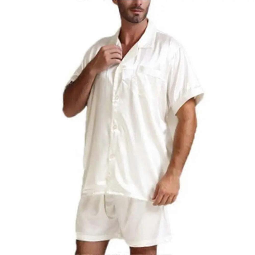 Satin Pajamas Set Men Silk Top Shorts Comfy Sleepwear Soft Nightwear