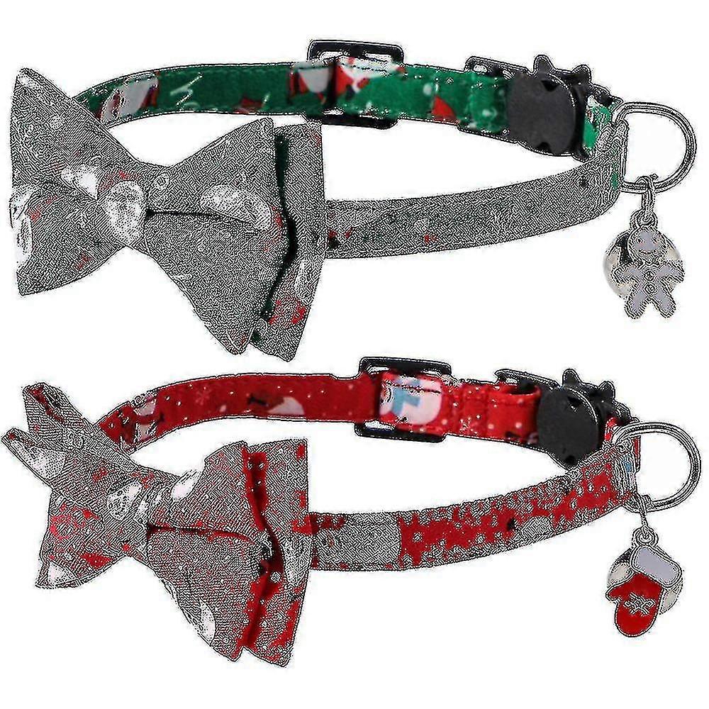 2 Pack Christmas Cat Collar Breakaway With Removable Bow Tie With Bell Adjustable Christmas Pattern