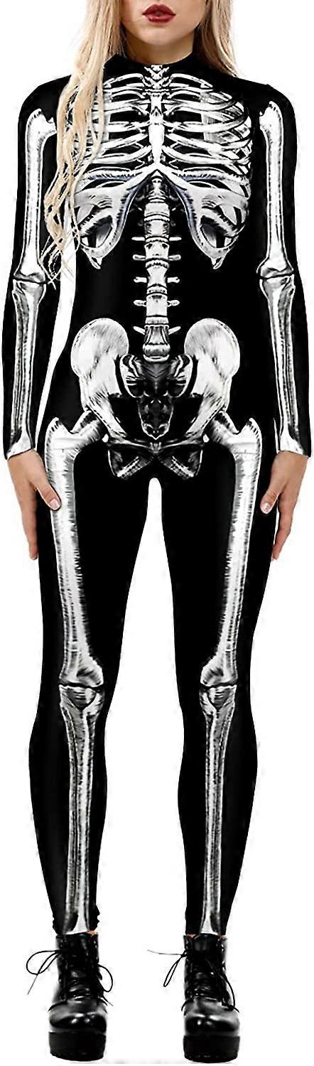 Women Halloween Party Costume Skull Print Long Sleeve Jumpsuit Outfit