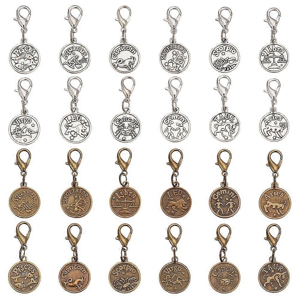 48Pcs 24 Styles Alloy Pendant Decorations with Alloy Lobster Claw Clasps Flat Round with Twelve Constellation Pattern Mixed Color 39mm 2pcs/style