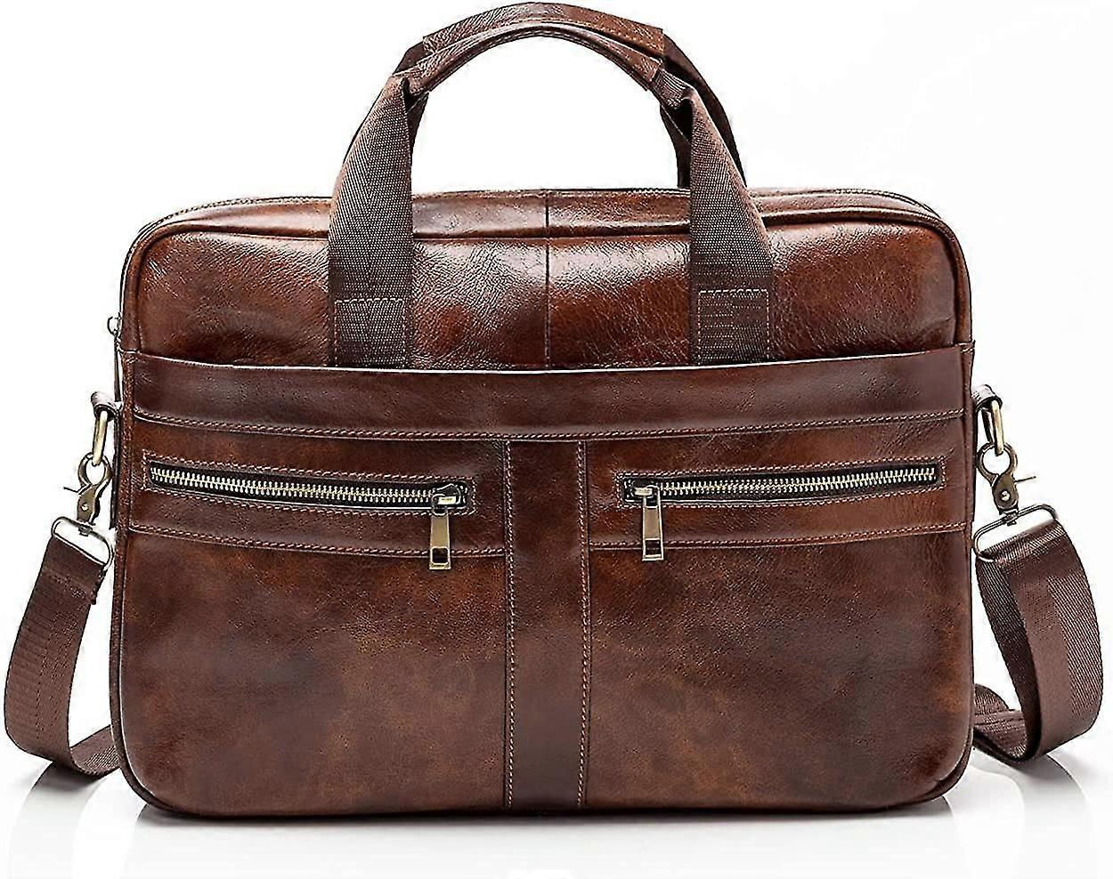 14-inch Laptop Genuine Leather Briefcase With Padded Protection For Men - Professional Business Bag With Multiple Compartments And Adjustable Shoulder