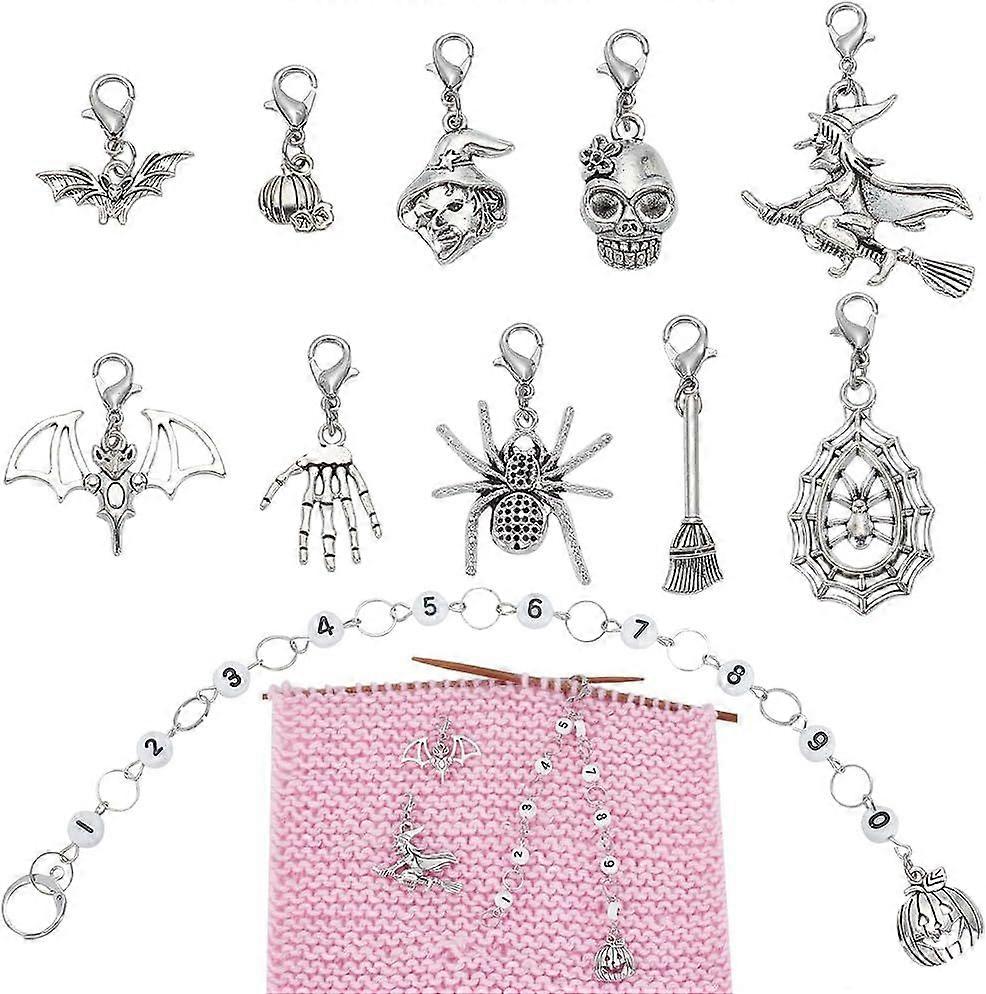 11Pcs Antique Silver Stitch Marker Charms Halloween Theme Alloy Charm Locking Stitch Markers Acrylic Number Knitting Row Counter Chains with Claw Clas