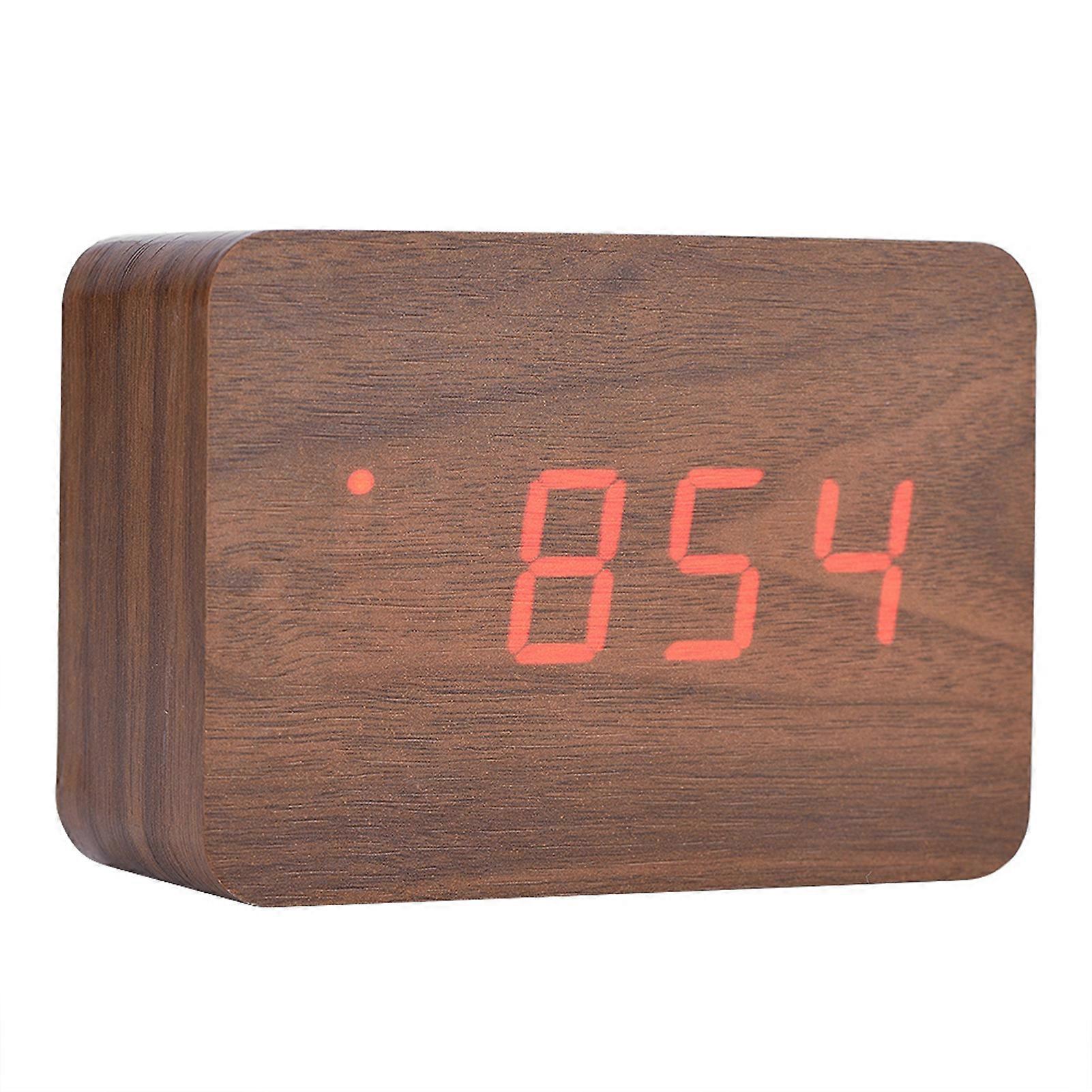 Wooden Electronic Digital Alarm Clock Temperature LED Display Sounds Control Brown