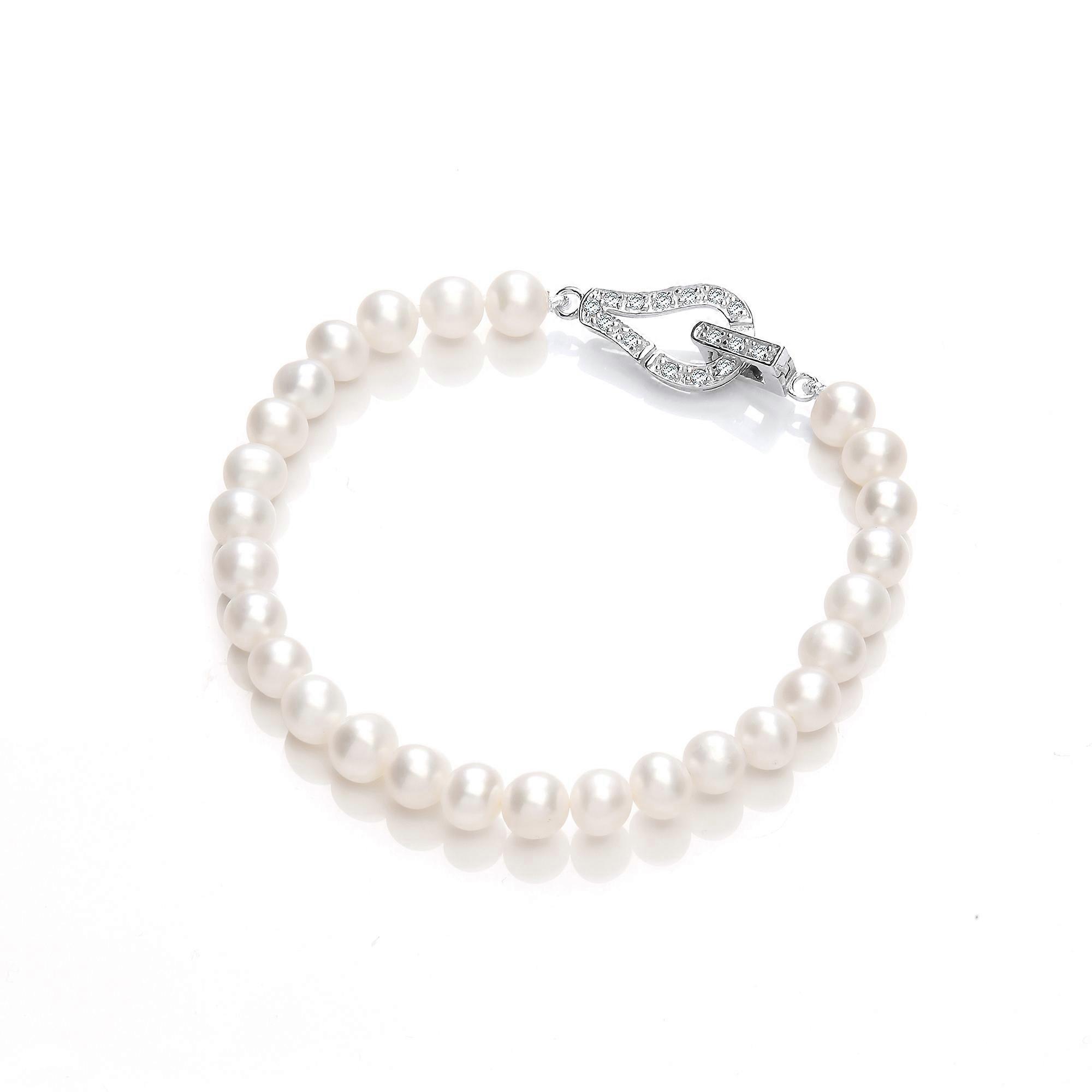Jewelco London Ladies Sterling Silver Cubic Zirconia & Freshwater Cultured Pearl Loop Clasp Bead Bracelet 6-7mm