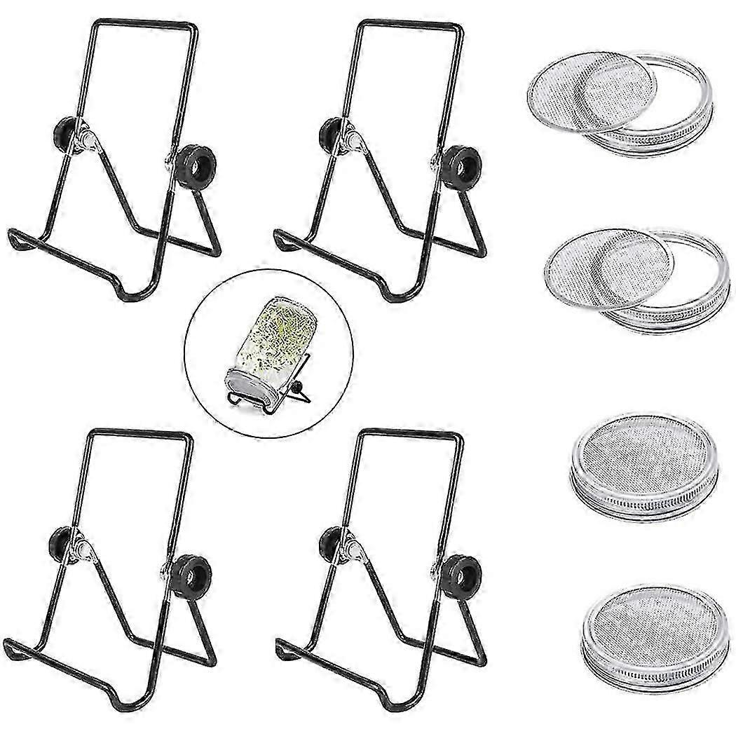 4pcs Mason Jar Lids, 4pcs Sprouting Jar Stands, Stainless Steel Screen, Sprouting Stands Foldable Adjustable