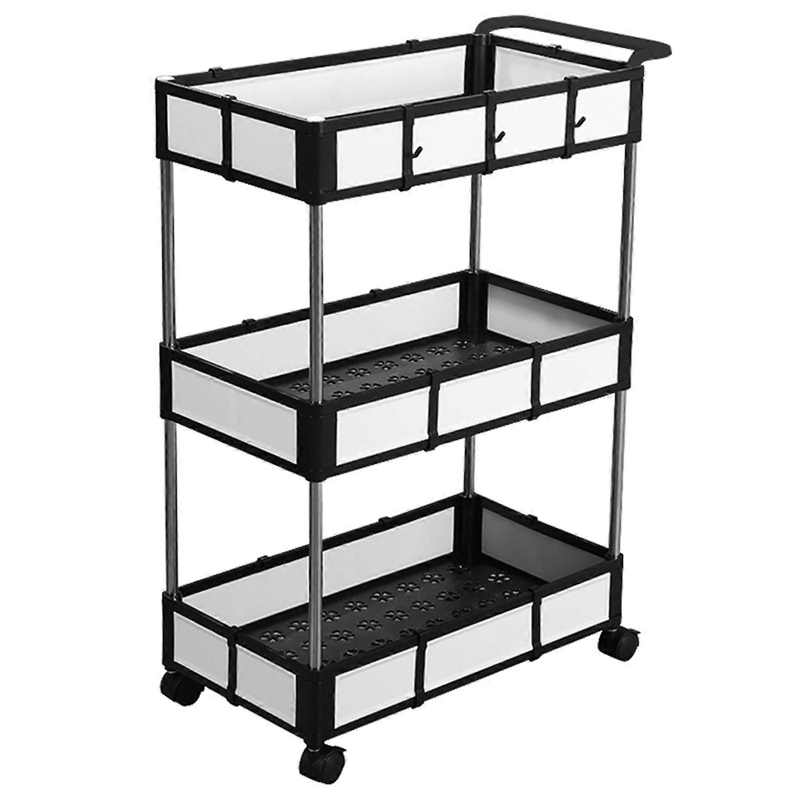 3-Layer Multifunctional Rolling Utility Detachable Baskets 4 Hooks Storage Cart with Handle Lockable Casters for Kitchen Office Bathroom Black