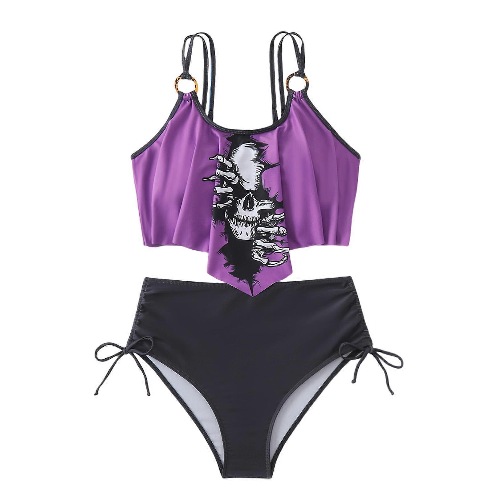 Vrouwen 2 Stuks Split Badpakken High Cut Push Up Badmode Skelet Print Badpak voor Vakanties Strandkleding Paars S