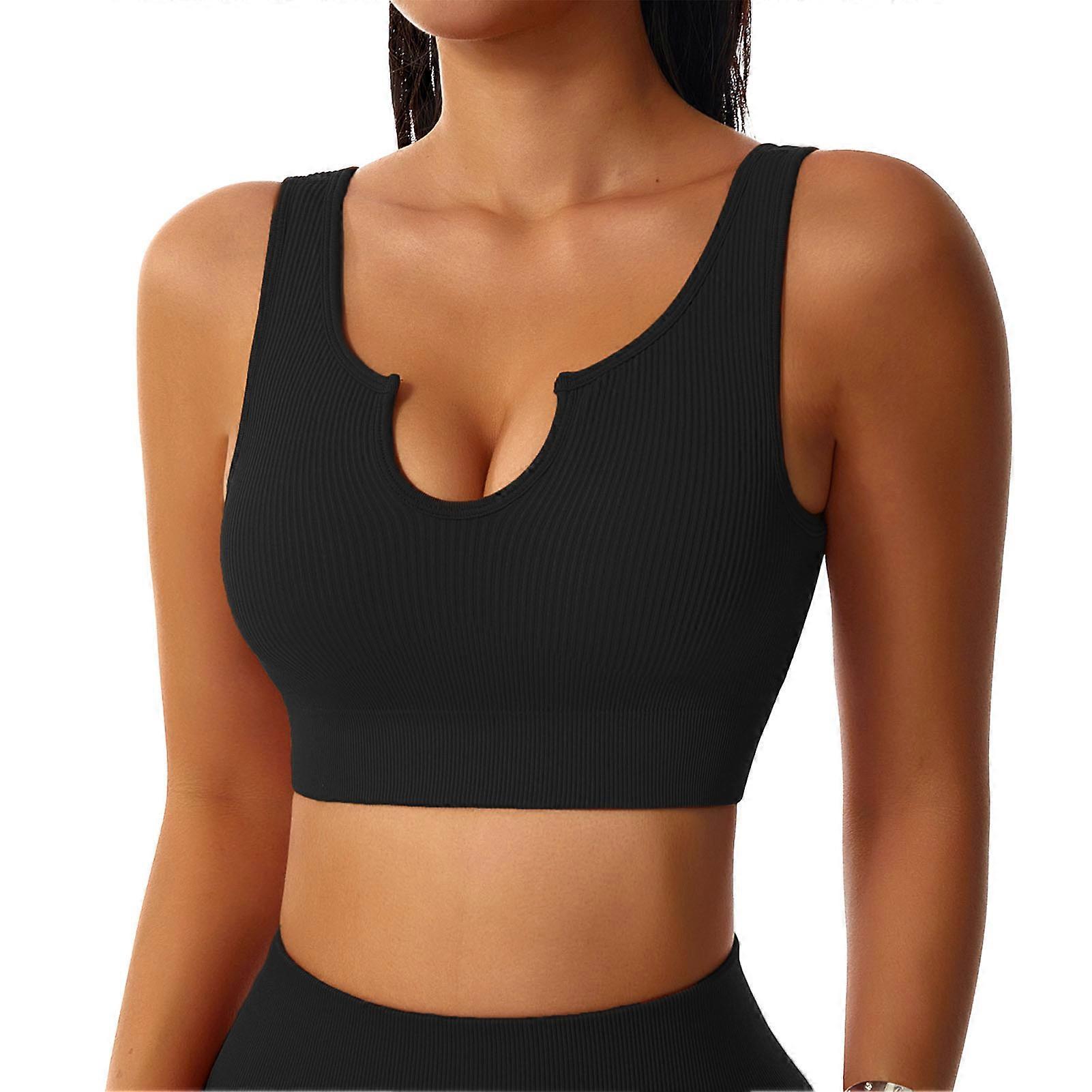 Yoga Bra Seamless Strappy Elastic U Shaped Neckline Ribbed with Removable Cups for Running