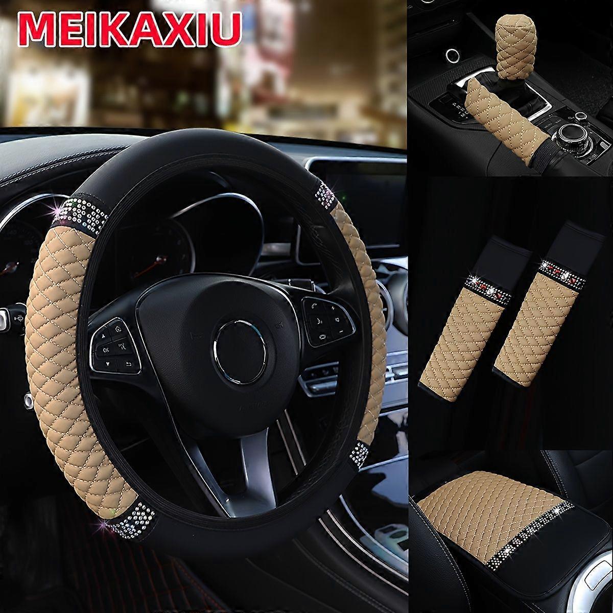 مجموعة غطاء عجلة القيادة الجلدية MEIKAXIU 6 قطع مع أحجار الراين الملونة ، تناسب عالمي ، 14.5-15 بوصة ، إكسسوارات سيارة بلينغ مع ناقل الحركة ، فرملة اليد ، 