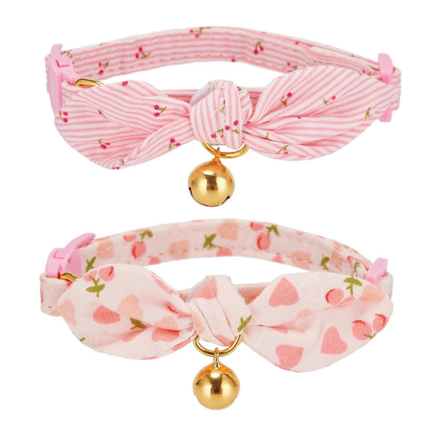 Cotton Bow Cat Collar with Bell 2 Pack Adjustable Removable Kitten Collar with Removable Bow Pink Female Cat Collar