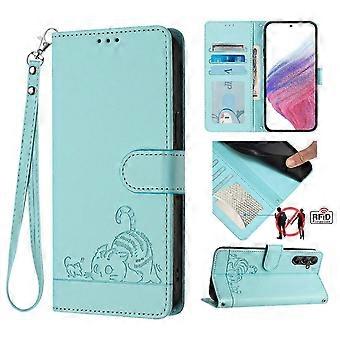For Samsung Galaxy A26 5G Case with Strap RFID Blocking Leather Wallet Phone Cover Cat Mouse Pattern