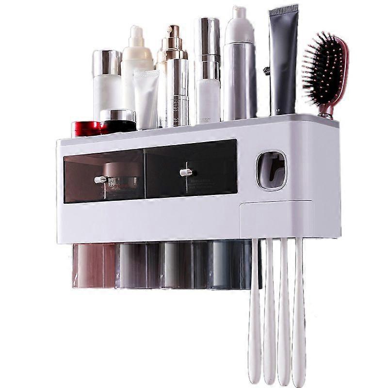 Wall Mounted Toothbrush Holder Multi Function Magnetic Absorption Bathroom Storage Rack with Drawer Toothpaste Dispenser 4 Cup Translucent Gray (38.4x