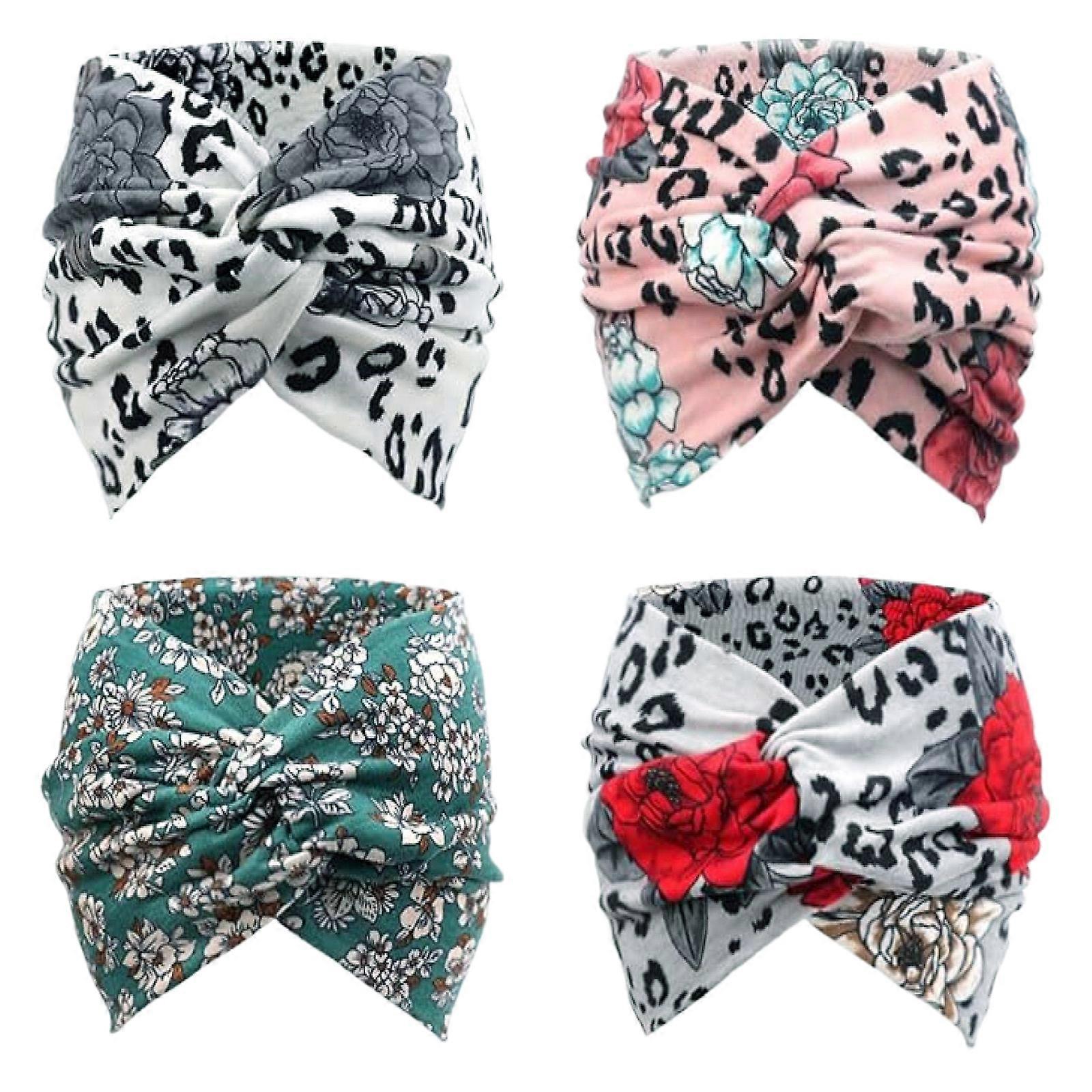 Pacote com 4 bandanas largas para mulheres, bandanas largas, bandanas vintage, tiaras elásticas, tiaras elásticas com nó impresso