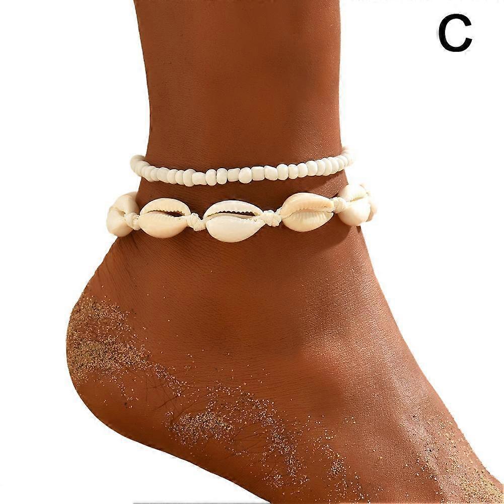 Shell Woven Knotted Anklet Bohemian Layered Chain with Colorful Beads Summer Beach Jewelry 2Pcs