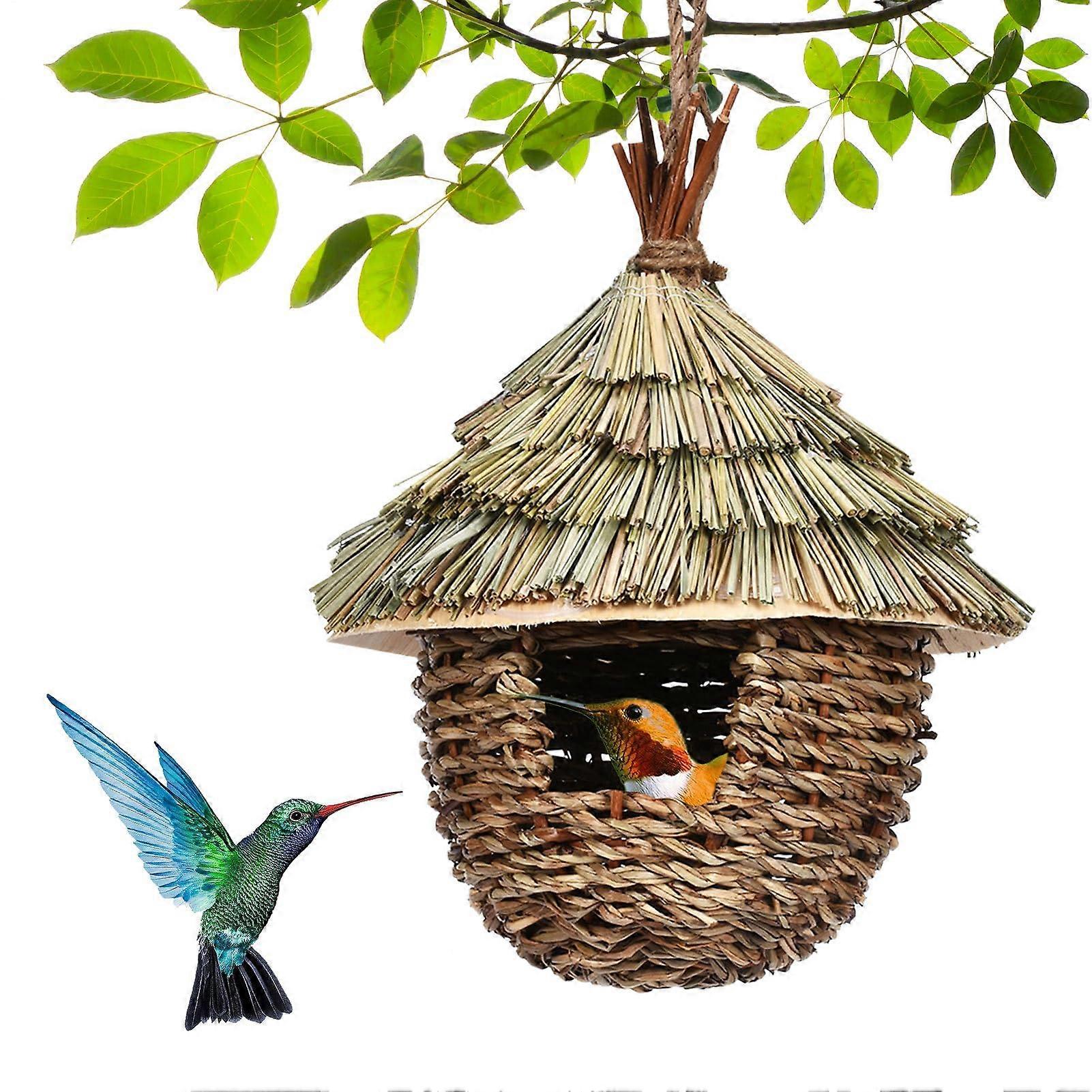 Handgewebtes Gras Kolibri Haus - Natürliches Hängendes Vogelnest, Atmungsaktives Vogelhaus für Außenbereich, Rustikale Nisttasche