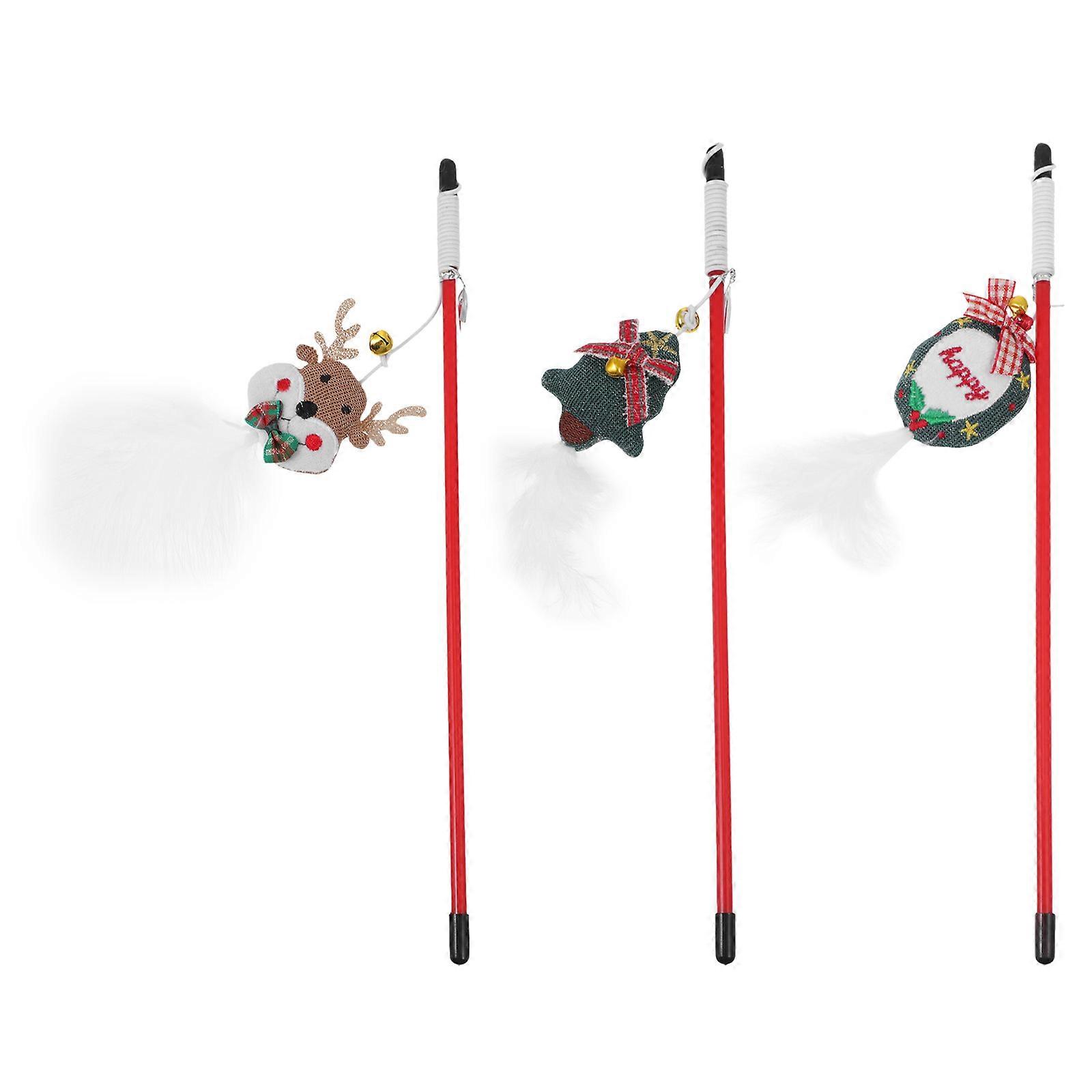 3Pcs Christmas Themed Cat Teaser Toys with Plush and Bell for Interactive Play Multi