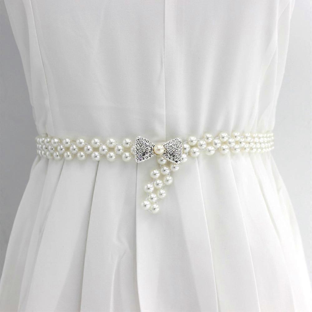 Elastic belt with rhinestones & pearls, adjustable bow belt for women, ideal for bridal gowns, formal dresses, evening wear and parties
