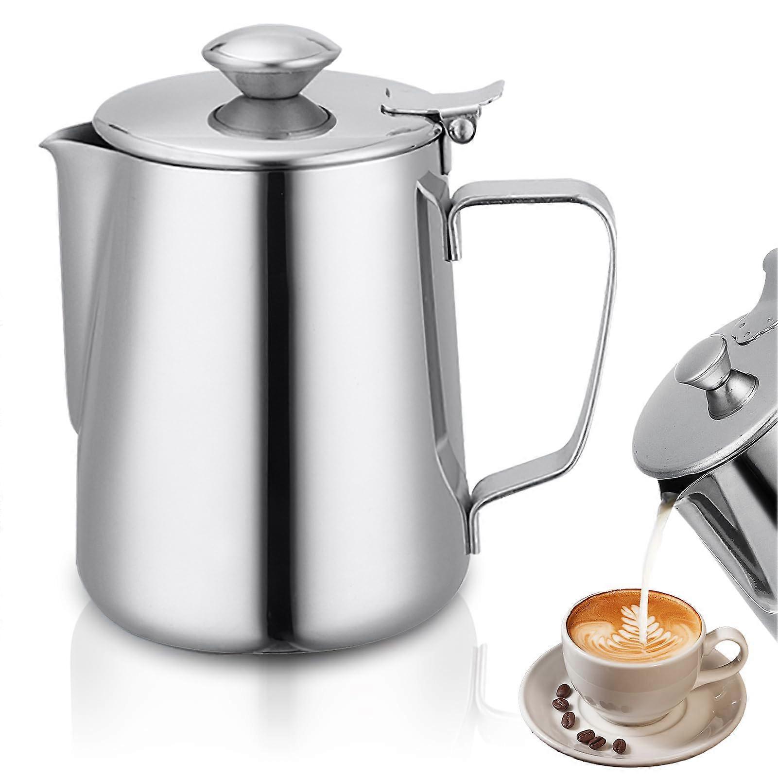 2000ml Stainless Steel Milk Pitcher with Lid, AntiDrip Spout, Ergonomic Handle